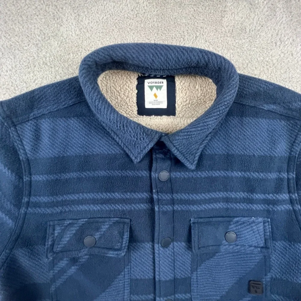 Voyager Mens Blue Striped Sherpa Lined Fleece Shirt Jacket‎ Shacket Medium